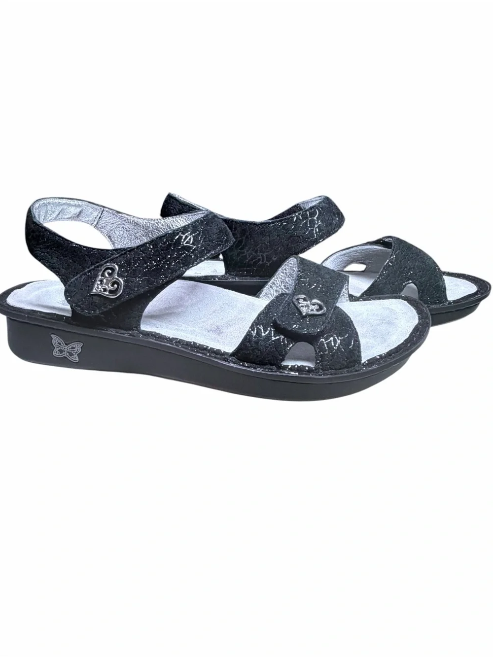 Alegria Vienna Waverly Black Crackle Leather Velcro Silver Heart Sandals NWOT